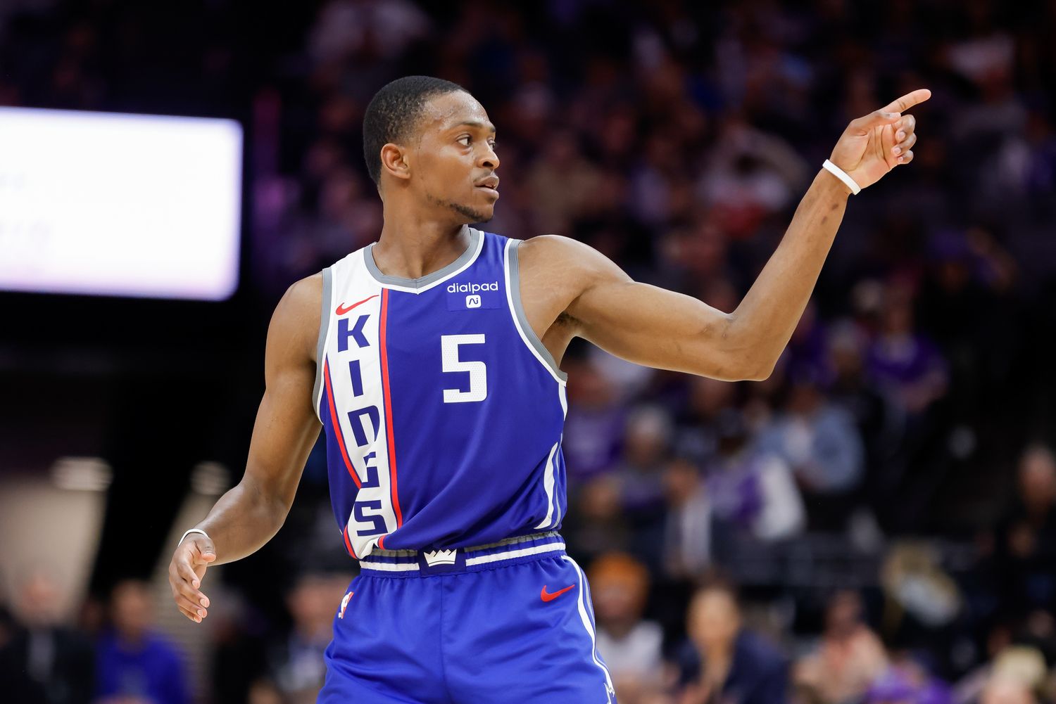 Feb 26, 2024; Sacramento, California, USA; Sacramento Kings guard De'Aaron Fox (5) reacts after scoring a basket during the fourth quarter against the Miami Heat at Golden 1 Center. Mandatory Credit: Sergio Estrada-USA TODAY Sports